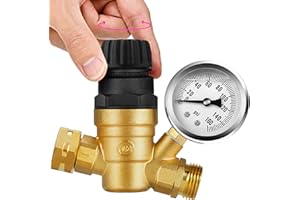 itanso RV Water Pressure Regulator Valve, Handle Adjustable, Brass Lead-Free Reducer with Gauge 160PSI, 2 Inlet Screened Filters for RV Camper, Travel Trailer, or Garden