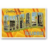 GREETINGS FROM CHICAGO, IL vintage reprint postcard set of 20 identical postcards. Large letter Chicago, Illinois city name post card pack (ca. 1930's-1940's). Made in USA.