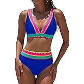 popvil High Waisted Bikini Sets for Women Two Piece Swimsuit Neon Bathing Suits V Neck Full Coverage Swim Suits 2026