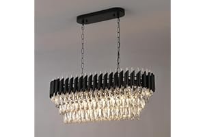 A AXILIXI Modern Rectangular Chandelier Black and Gold Crystal Chandeliers for Dining Room Linear Ceiling Pendant Light Long 32” Luxury Oval Chandelier 8 Lights for Kitchen Island Living Room