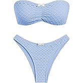 ZAFUL Women's Strapless Bikini Openwork Textured Bow Ruched Lace Up High Cut Bandeau Swimsuit Bathing Suits