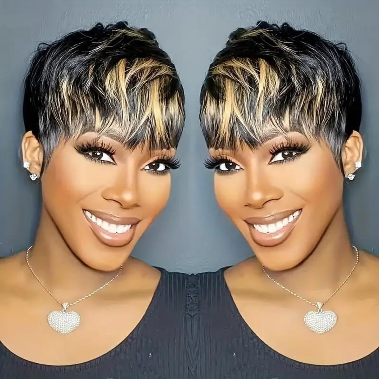 Photo 1 of Evasens Pixie Cut Wigs Human Hair Short Wigs for Black Women Human Hair Pixie wig with Bangs Black with Blonde Color Short Black Wig Layered Wigs Daily Wear