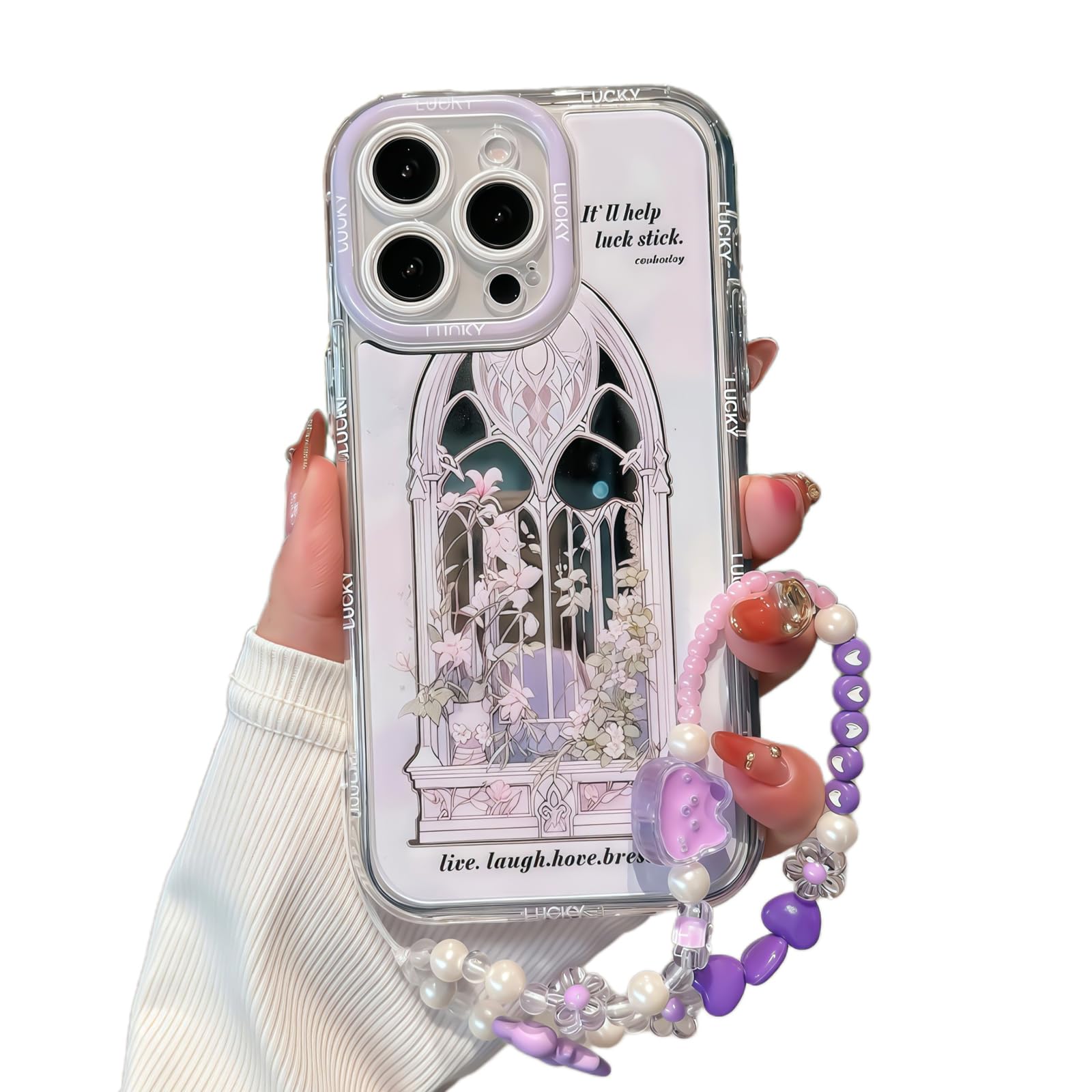 Pretaco for iPhone 14 Plus Case, [Light Purple Floral Window Pattern][Shiny Mirror Case][2-in-1 with Beaded Wrist Strap] Soft TPU Frame, Shockproof and Anti-Shock, Suitable for Women & Girls