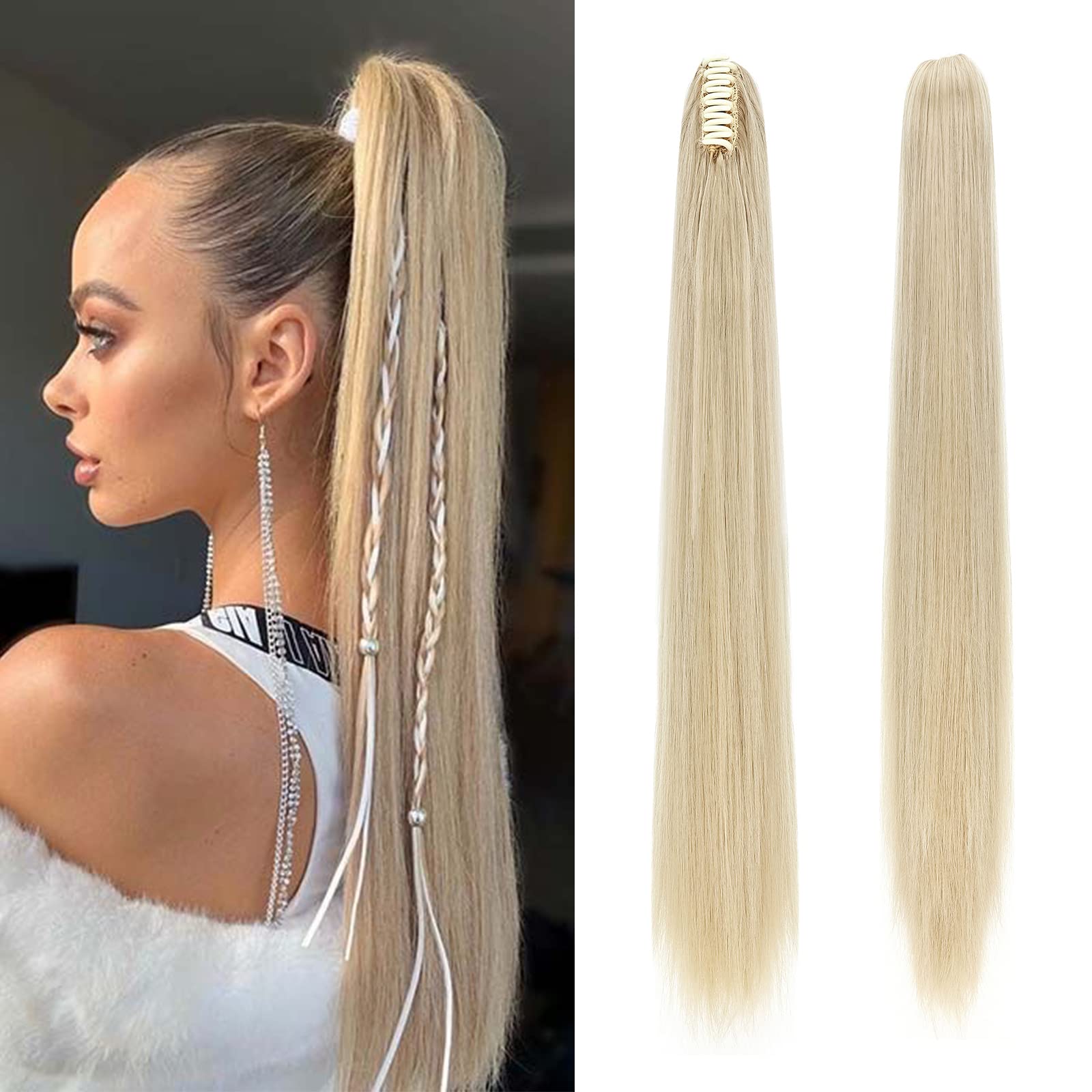 Silk-co Hair Ponytail Extension, Clip in Ponytail Hair Extensions, Claw Clip Ponytail Hair Extensions, Clip in Hair Extension, 26" Straight Ash blonde mix bleach blonde — image 1