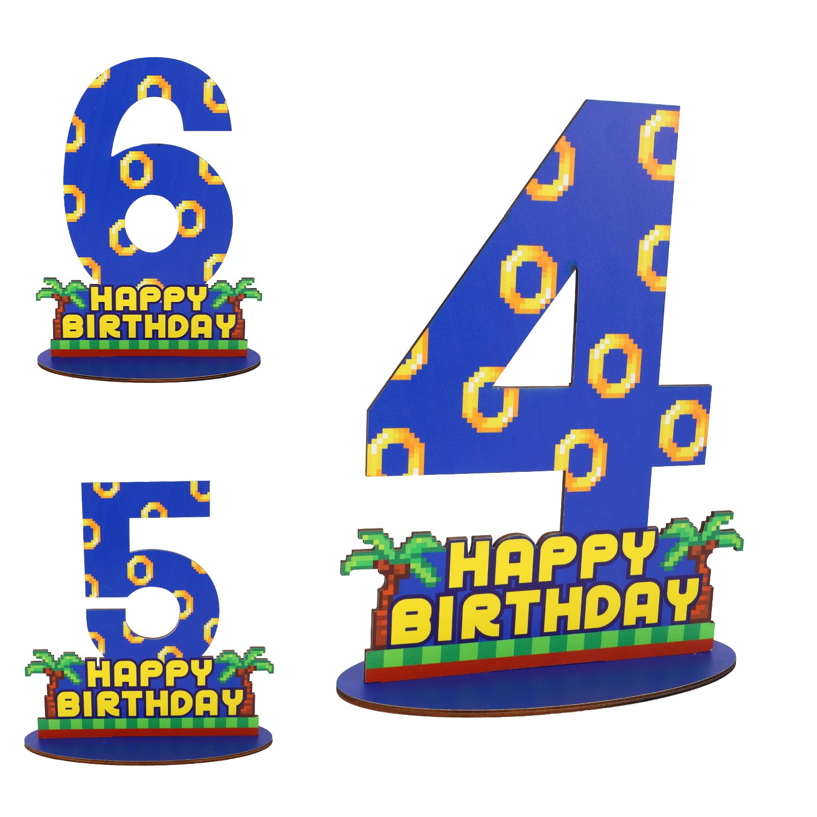 SAVITA 4th Birthday Centerpiece, Blue with Gold Ring Print Birthday Party Table Topper Wooden 4th Number Stand Sign with Base for Kids Party Decorations Table Centerpiece Photo Prop — image 1