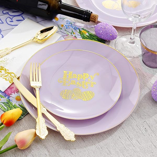 NERVURE 150PCS EASTER PLASTIC PLATES – PURPLE AND GOLD PLATES WITH EASTER EGG – PURPLE DISPOSABLE PLATES INCLUDES 50 PLASTIC PLATES, 25 KNIVES, 25 FORKS, 25 SPOONS, 25 CUPS FOR PARTY