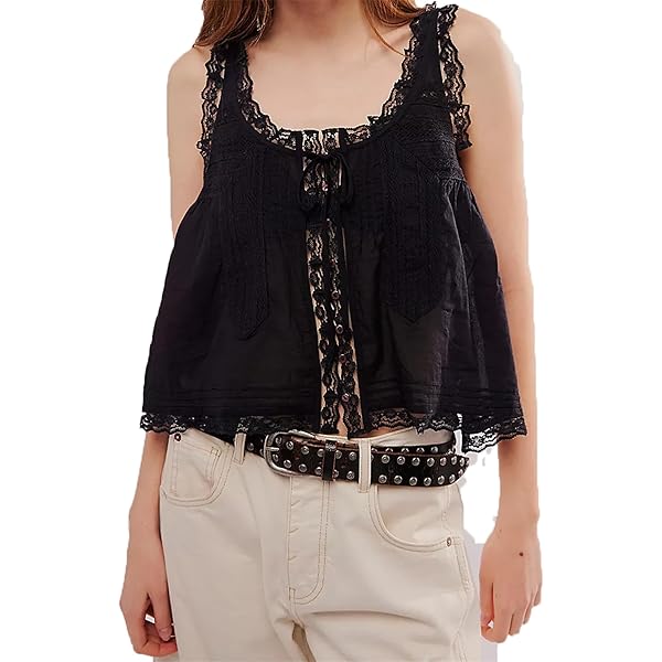 Women Lace Trim Vest Tank Tops Semi Sheer Tie Button Front