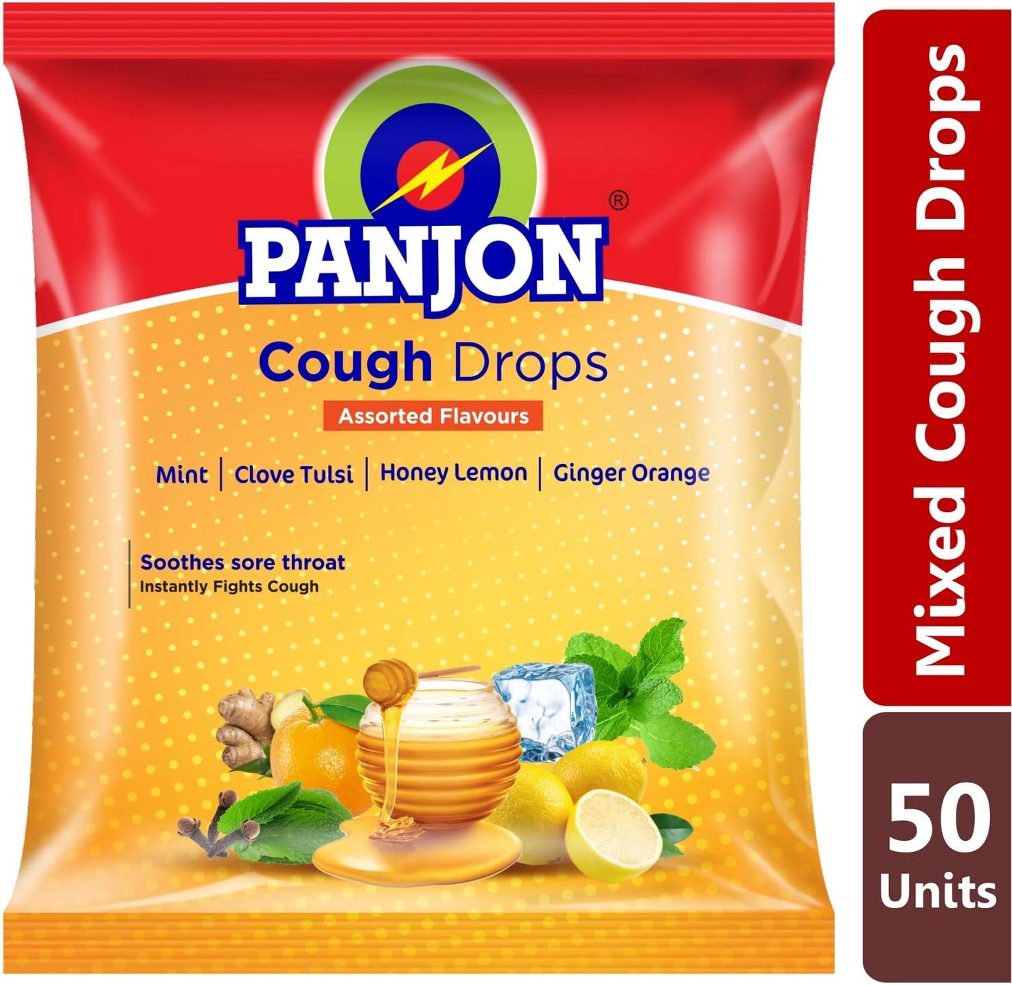 Panjon Cough Drops, Assorted Flavours, Mint, Clove Tulsi, Honey Lemon & Ginger Orange (50 Longenz) Pouch 135g (50 Units)