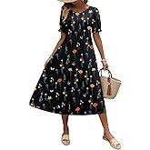 Zeagoo Womens Summer Dress Casual Midi Dresses 2026 Short Puff Sleeve Flare Dress Pleated Flowy Sundress with Pockets