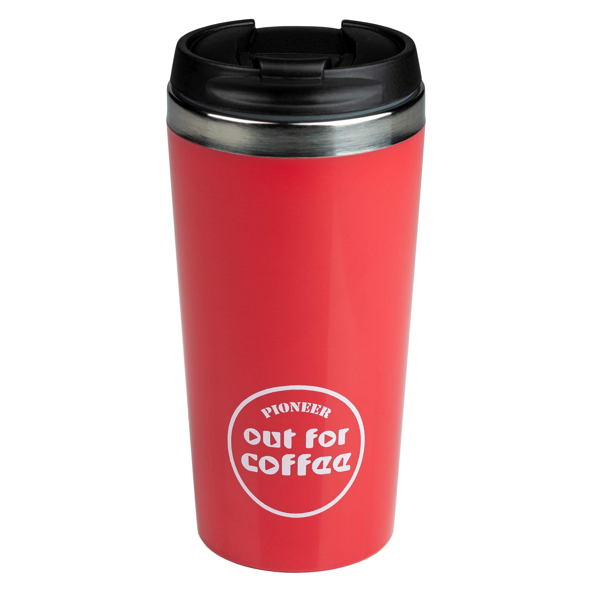 Pioneer Out for Coffee Insulated Travel Mug, 420ml, Stainless Steel, Red