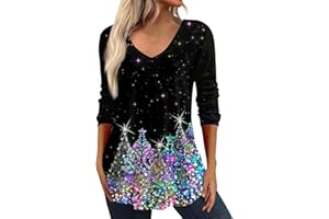 GENERIC Womens 3/4 Sleeve Tops Casual Plus Size V-Neck Shirts Christmas Print Graphic Tees 2023 Trendy Loose Blouses