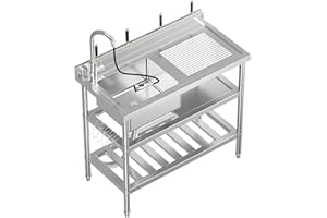 39.4 x 19.7 x 34.6 Inch Stainless Steel Utility Sink, Freestanding Single Bowl Kitchen Sink with Pull-Out Hot & Cold Faucet, 