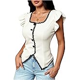 winkbay Women's Summer Button Down Shirts Elegant Ruffle Sleeve Square Neck Dressy Casual Blouses