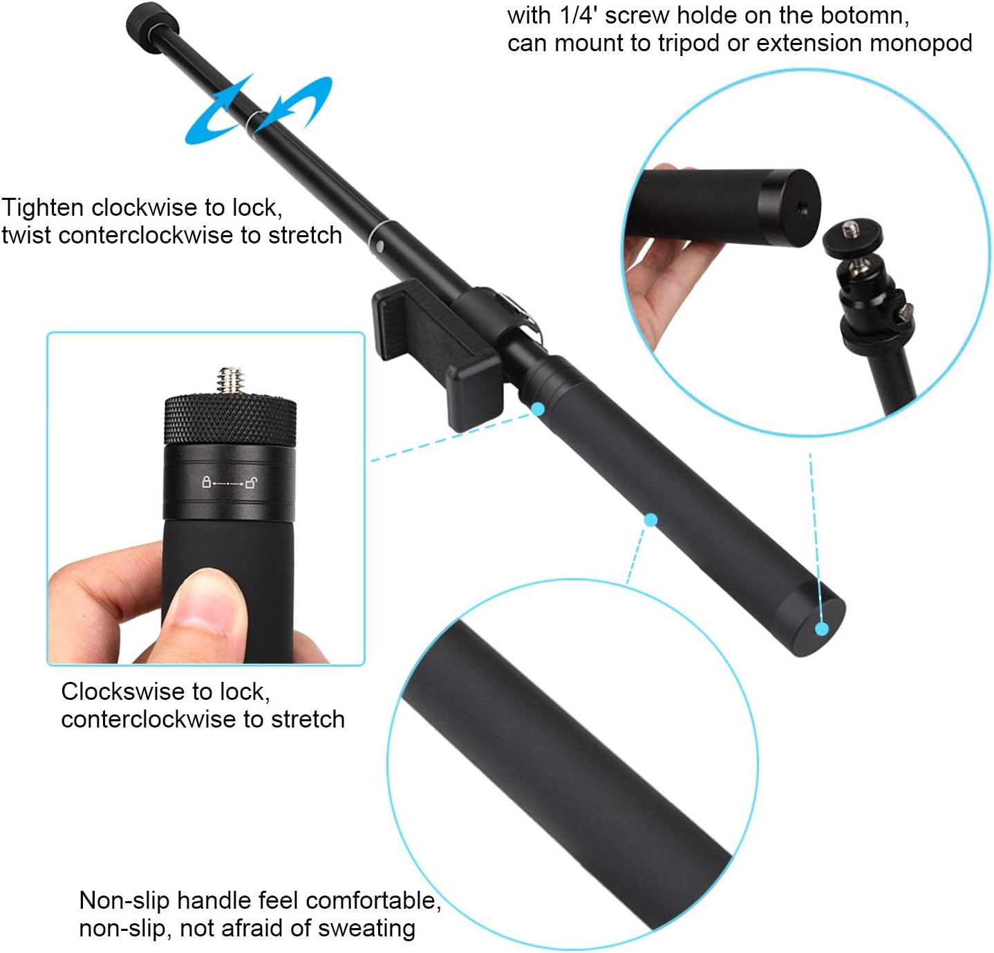 Owoda Aluminum Extendable Selfie Stick Cellphone Holder Scalable