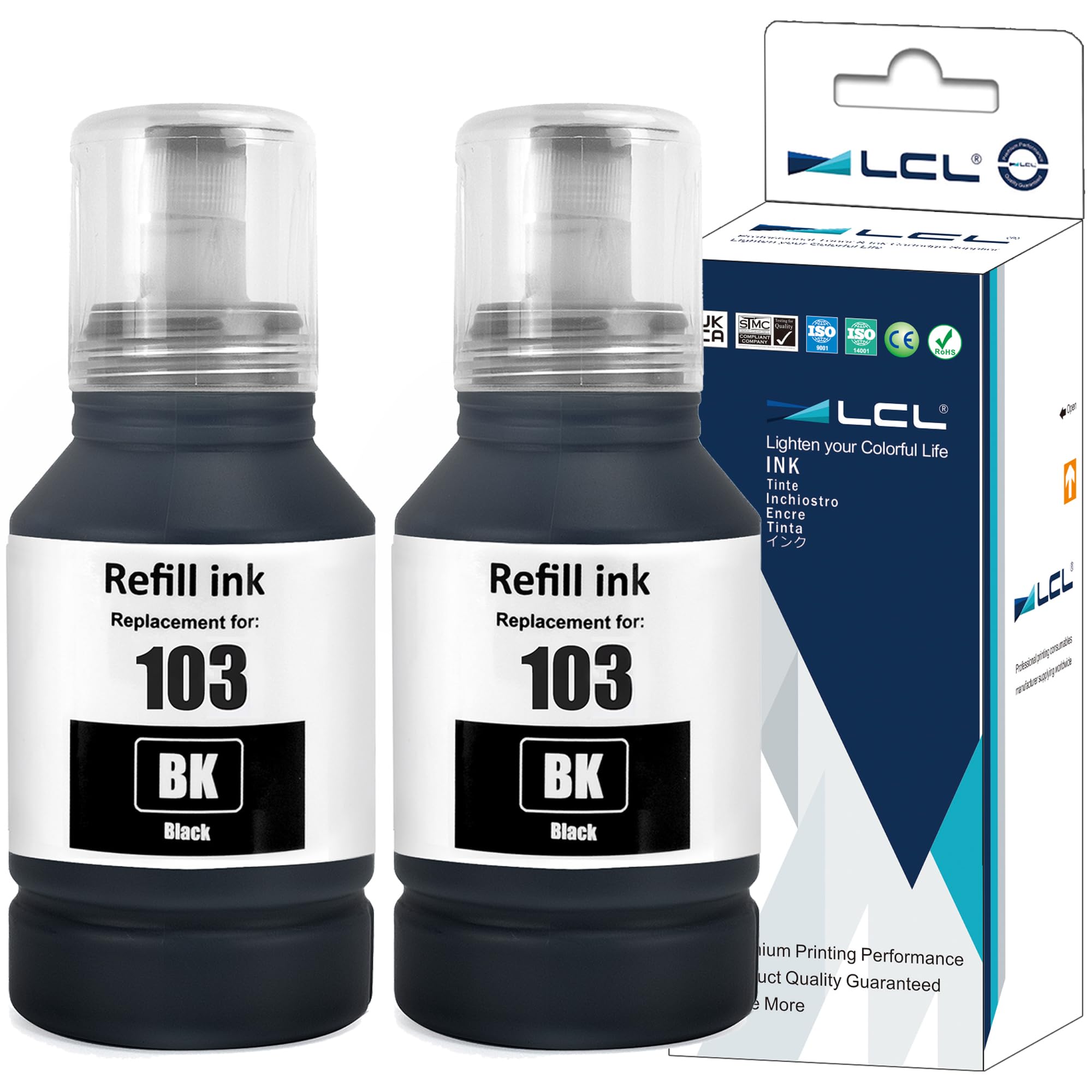LCL 103 Black High Capacity Ink Bottle Replacement for Epson 103 Ink Cartridge Bottle Multipack Compatible with Epson EcoTank L1200 L1210 L1250 L3100 L3110 L3111 L3116 L3150 L3151 L3156 L3160 (2 Pack)