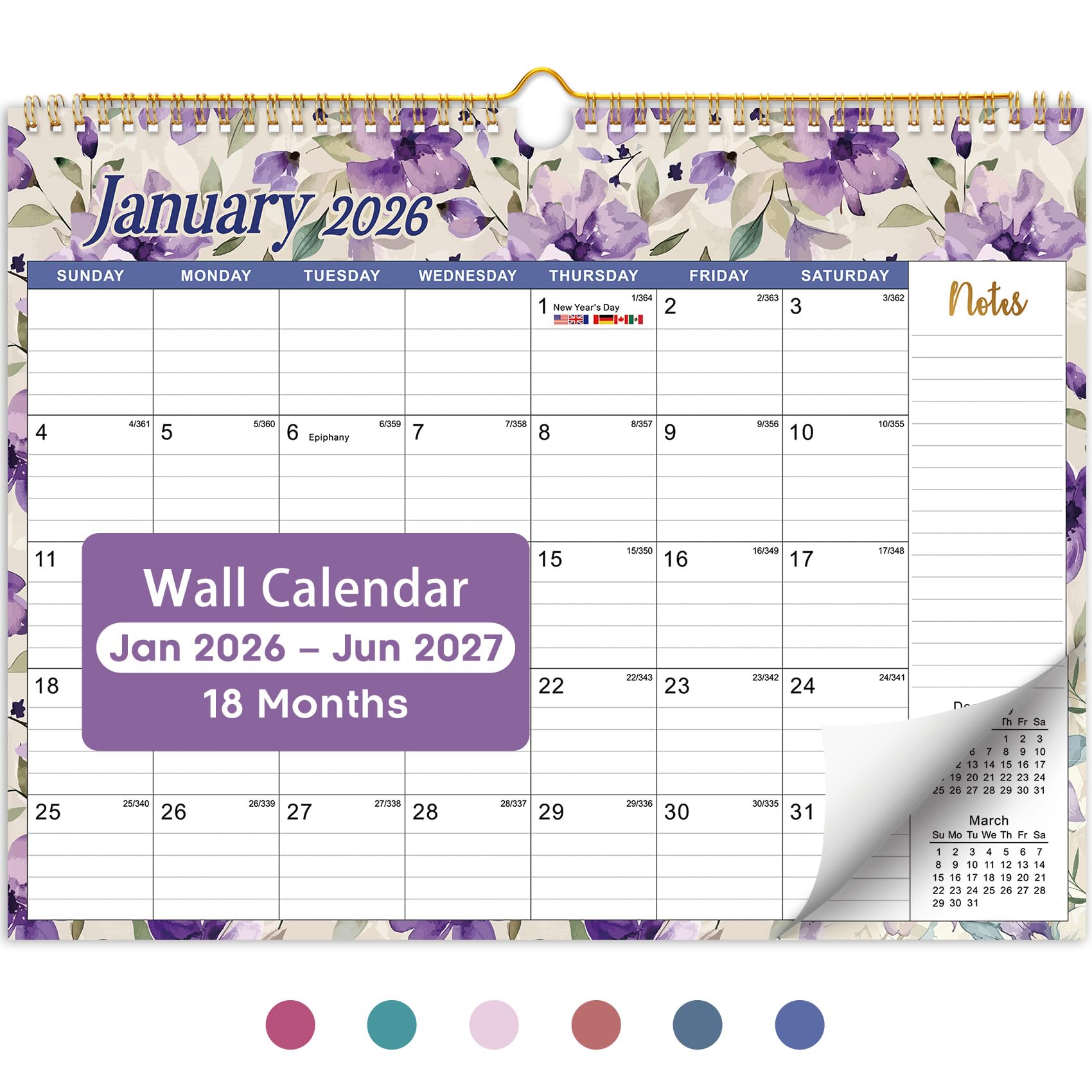 View 1 of 2026 Calendar, 18-Month Wall Calendar Runs from Jan 2026 to Jun 2027, 11.5" x 14.7", Large Monthly Calendar with Twin-Wire Binding, Perfect for Home or Office - Pastel Bloom