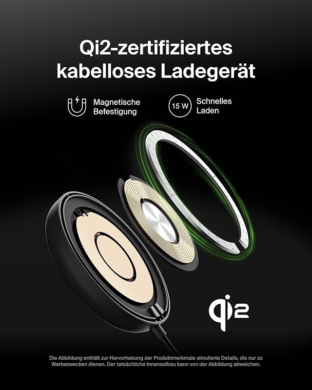 Magnetisches Kabelloses Ladegerät (15W) mit Ständer – zertifiziertes MagSafe Ladegerät, Qi2 Ladestation für iPhone 16, 15, 14, Samsung Galaxy S25, S24, AirPods usw. (mit Netzteil) – Schwarz