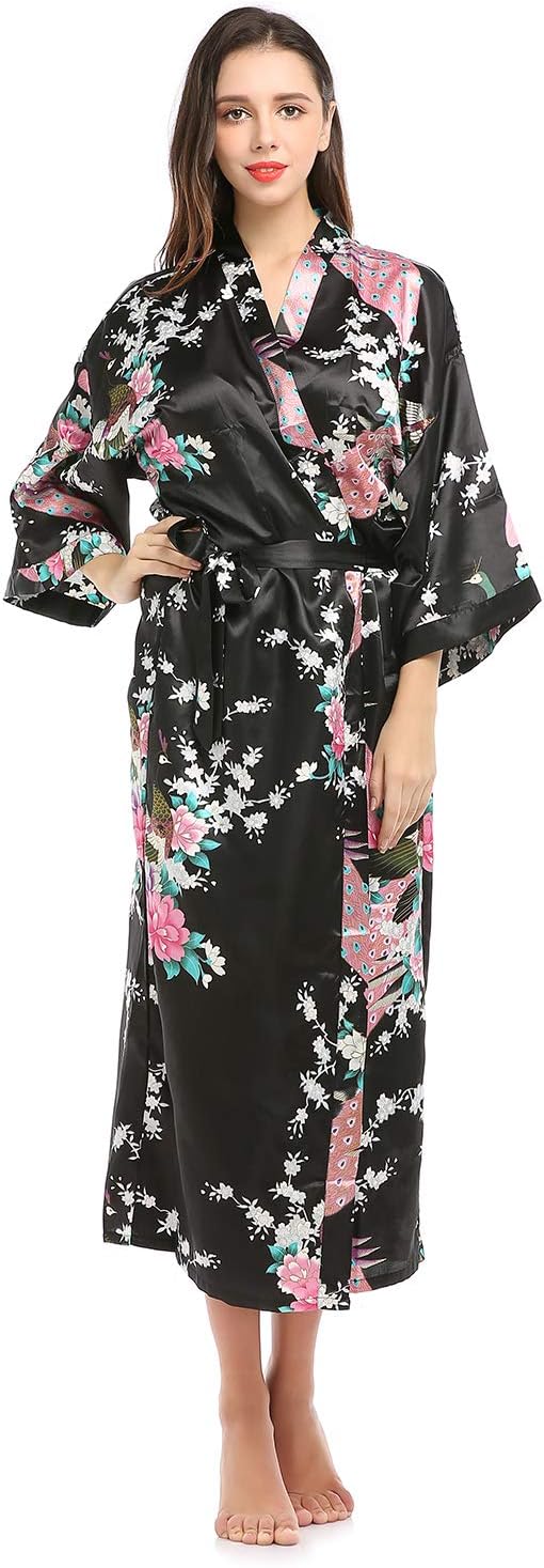 ELLENWELL Women Kimono Robe Loungewear Pajamas Satin Nightwear Bathrobe Long