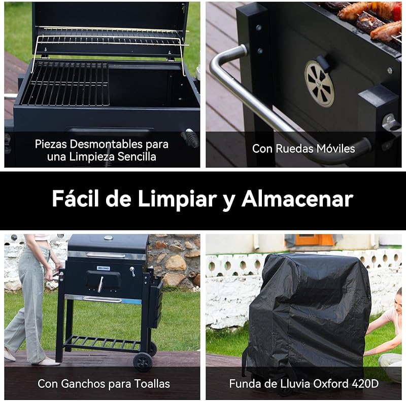 Barbacoa de Carbón, Parrilla con Tapa de Acero de 56×42,5 cm, Bandeja Ajustable en Altura, Mesa Lateral Plegable, Incluye Funda