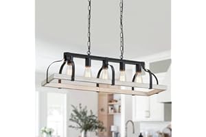 WUZUPS 5-Light Metal Chandelier Imitation Wood Grain Linear Pendant Ceiling Lighting Rustic Farmhouse Fixture Kitchen Island Dining Room, H 8.5" L 31.5" W10, E26 Base, Black & Antique White
