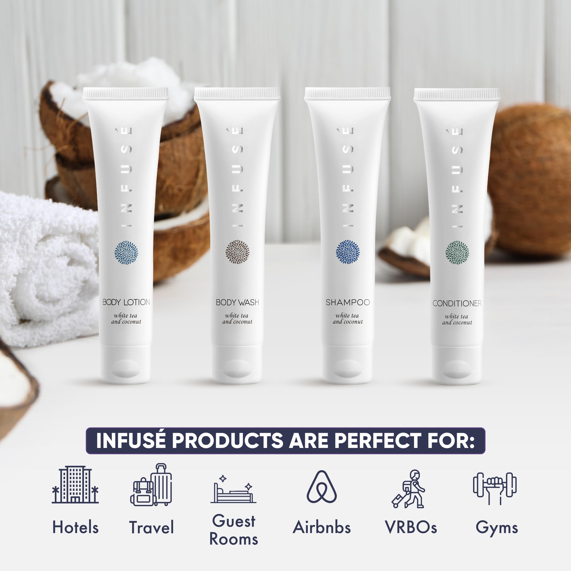 Infuse White Tea & Coconut Hotel Toiletries Bulk Set | 1-Shoppe Amenities Kit | 1oz Shampoo & Conditioner, Body Wash, Lotion | Travel Size | 80 Pieces