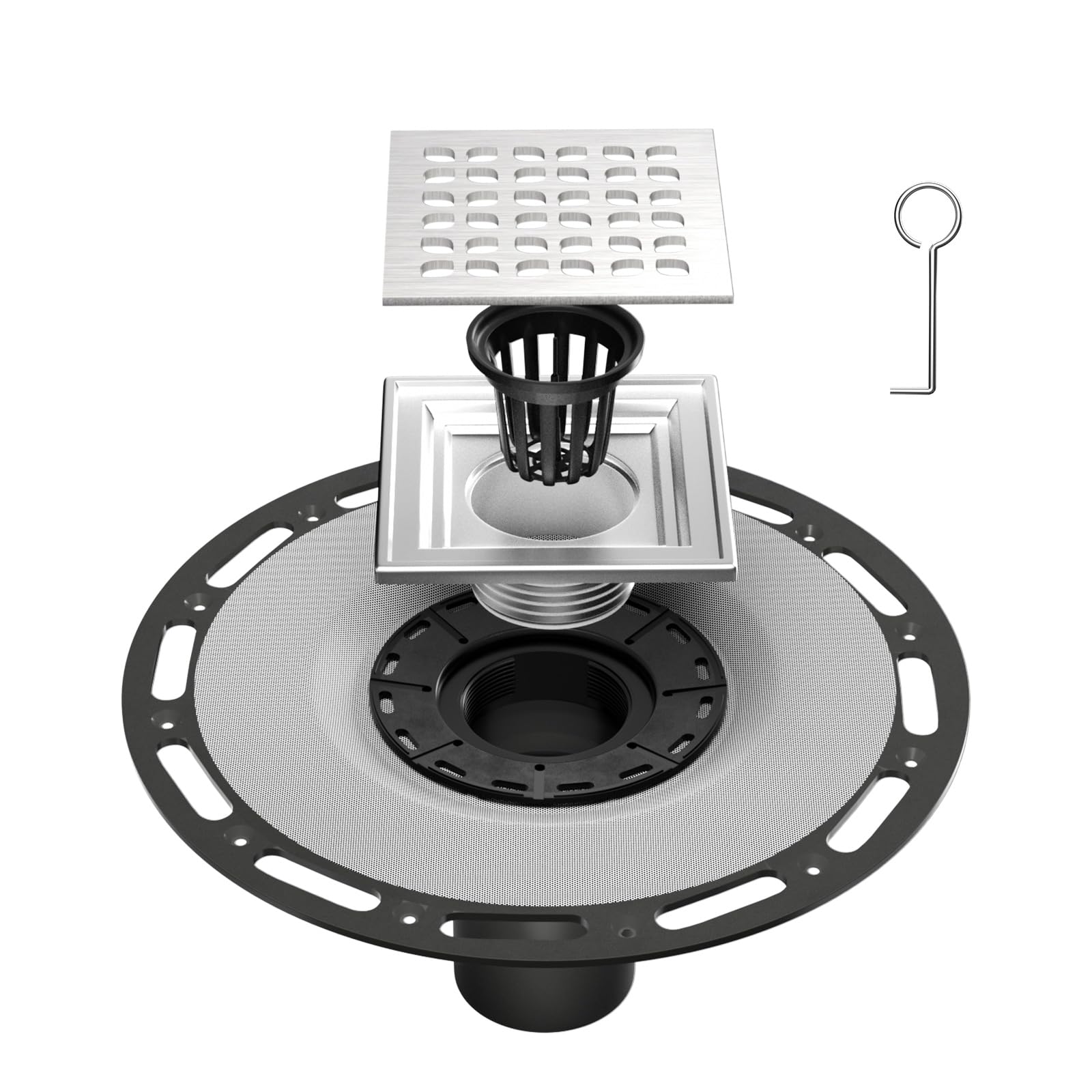 Photo 1 of Fibetter 4 Inch Square Shower Drain Brushed with PVC Bonding Flange, Bonding Drain Shower Flange Kit 304 Stainless Steel Drain Grate for Low Profile Tiles, CUPC Certified