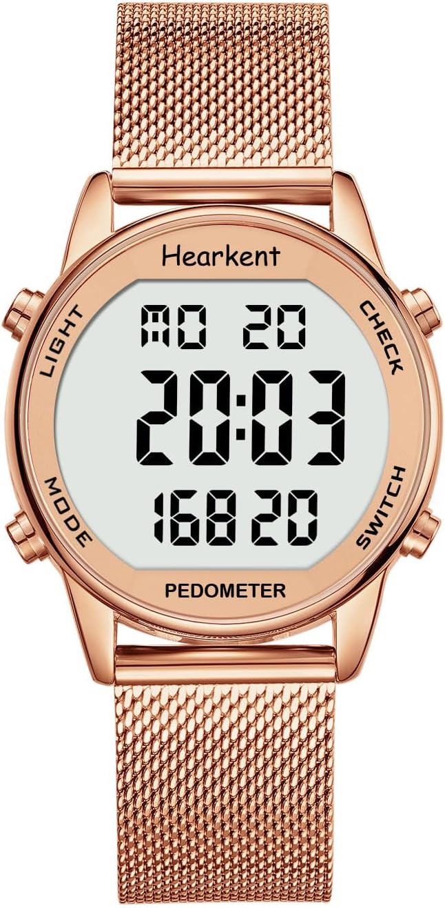 Hearkent Pedometer Watch for Women Rose Gold 30m Waterproof 36mm LCD