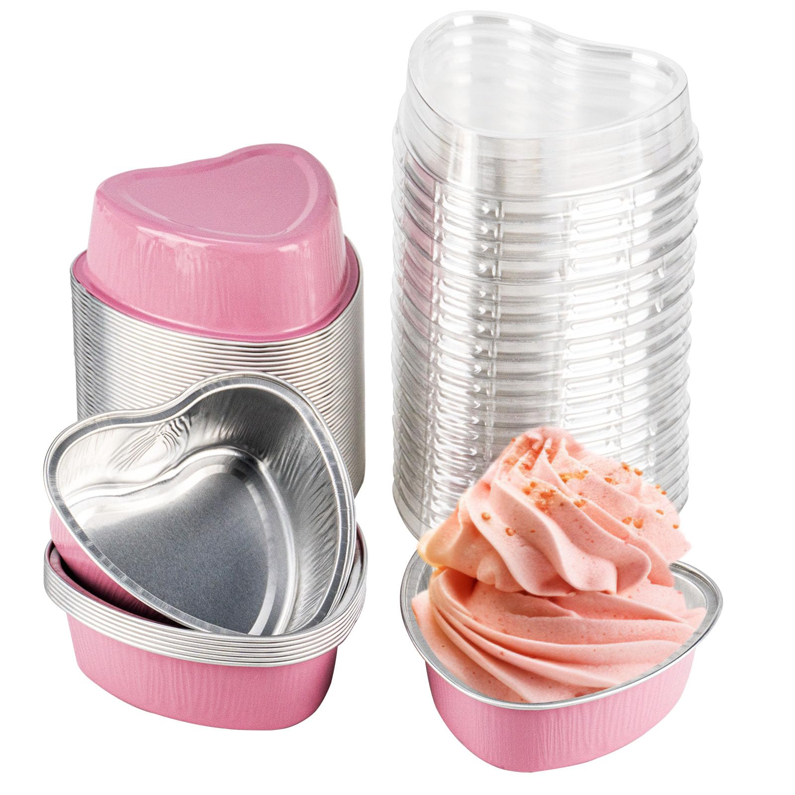 Photo 1 of 50 Pack Heart Shaped Mini Cake Pans with Lids, Small Disposable Aluminum Foil Cupcake Loaf Pans, Baking Cup Cake Tin Mold for Valentine's Mother's Day Wedding Party Birthdays (Pink, 3.4oz/100ml?