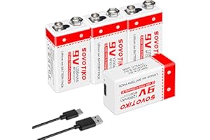 SOVOTIKO 4-Pack 9V Batteries, 1200mAh Li-ion Rechargable Battery with Type-C Charging Cable, 9 Volt Lithium Battery for Smoke
