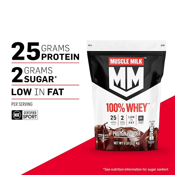 MUSCLE MILK 100% WHEY PROTEIN POWDER, CHOCOLATE, 5 POUND, 66 SERVINGS, 25G PROTEIN, 2G SUGAR, LOW IN FAT, NSF CERTIFIED FOR SPORT, ENERGIZING SNACK, WORKOUT RECOVERY, PACKAGING MAY VARY