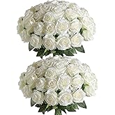 Veryhome 36Pcs Artificial Roses Realistic Fake Flowers Bulk Long Stem Silk Faux Roses Bouquet for Wedding DIY Home Decor Bridal Table Centerpieces Party Arrangements Gifts(White)