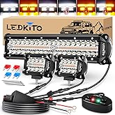 LEDKITO 12In LED Light Bar+4In LED Cube Pod Lights Amber White 6Mode Strobe | Dual Color Spot Flood Combo OffRoad Driving Work Lights with Memory Reset Function Harness for ATV UTV SUV Truck Pickup