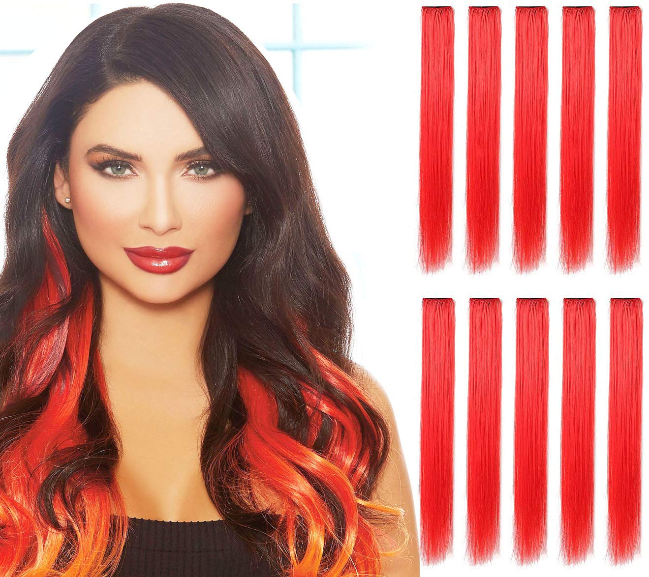 22 In Colored Party Highlights Straight Hair Clip Extension / Colored Clip in Hair Extensions Rainbow Heat-Resistant Synthetic Straight - Cosplay Fashion Multi-Colors Party Christmas Gift For Girls โ image 1