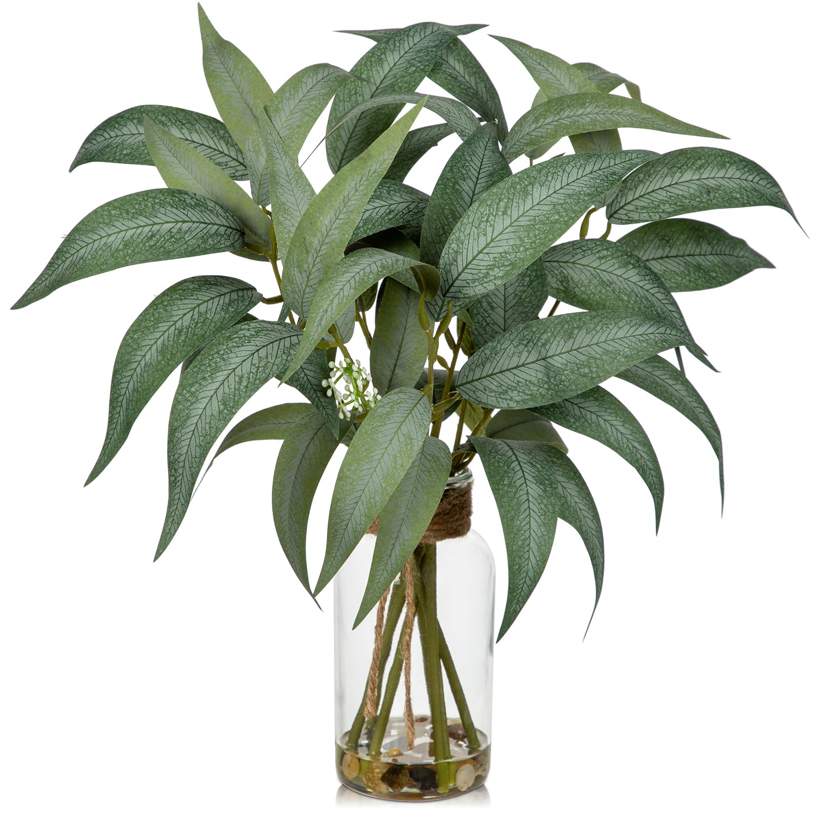 Photo 1 of DILATATA Artificial Willow Eucalyptus Stems in Glass Vase with Faux Water, Fake Eucalyptus Tropical Green Leaves for Table Centerpiece, Shelf, Desk, Bathroom, Farmhouse Home Decor 14.6” Tall