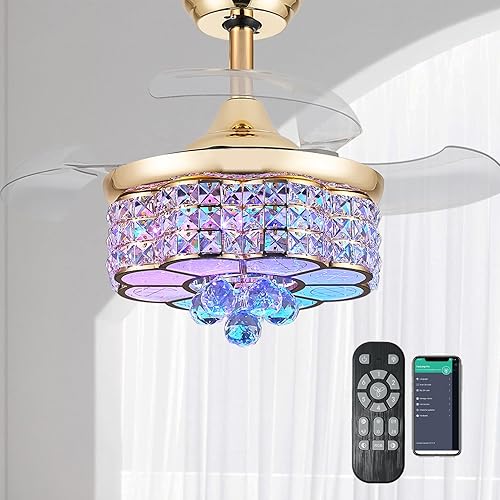 LumZeylith 30" Retractable Crystal Ceiling Fan with Light, RGB Modern Chandelier 6 Speeds Reversible Blades Dimmable Remote App Control Memory Timer Gold
