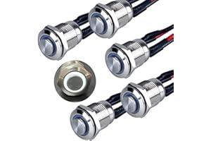 DMWD 5pcs 12mm High Round Head Momentary Push Button Switch 12V-24V (ON)-Off 4Pins 1NO Waterproof Anti-Vandal Silver Metal Shell for 1/2" Mounting Hole with Pre-soldered Cable Halo Ring White