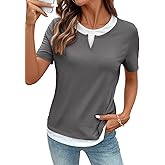 SHEWIN Womens Tops Casual Crewneck Color Block Short Sleeve Mock Double Layer T-Shirt Summer Outfits for Women 2026