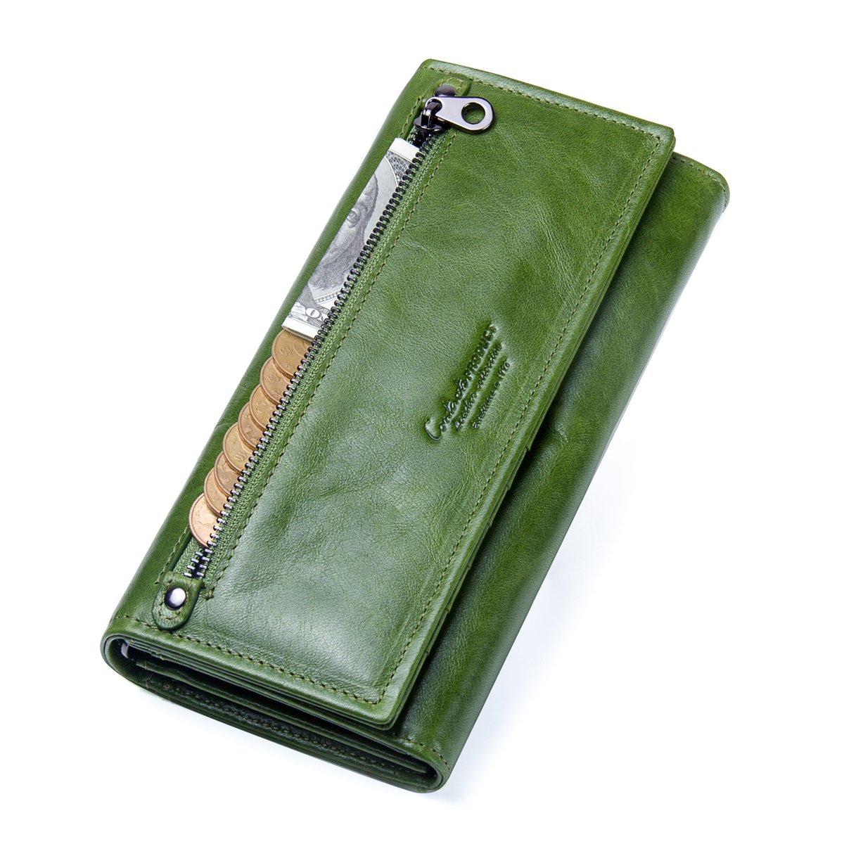 CONTACTS Womens Genuine Leather Card ID Coin Holder Zipper Clutch Purse Wallet (Green)