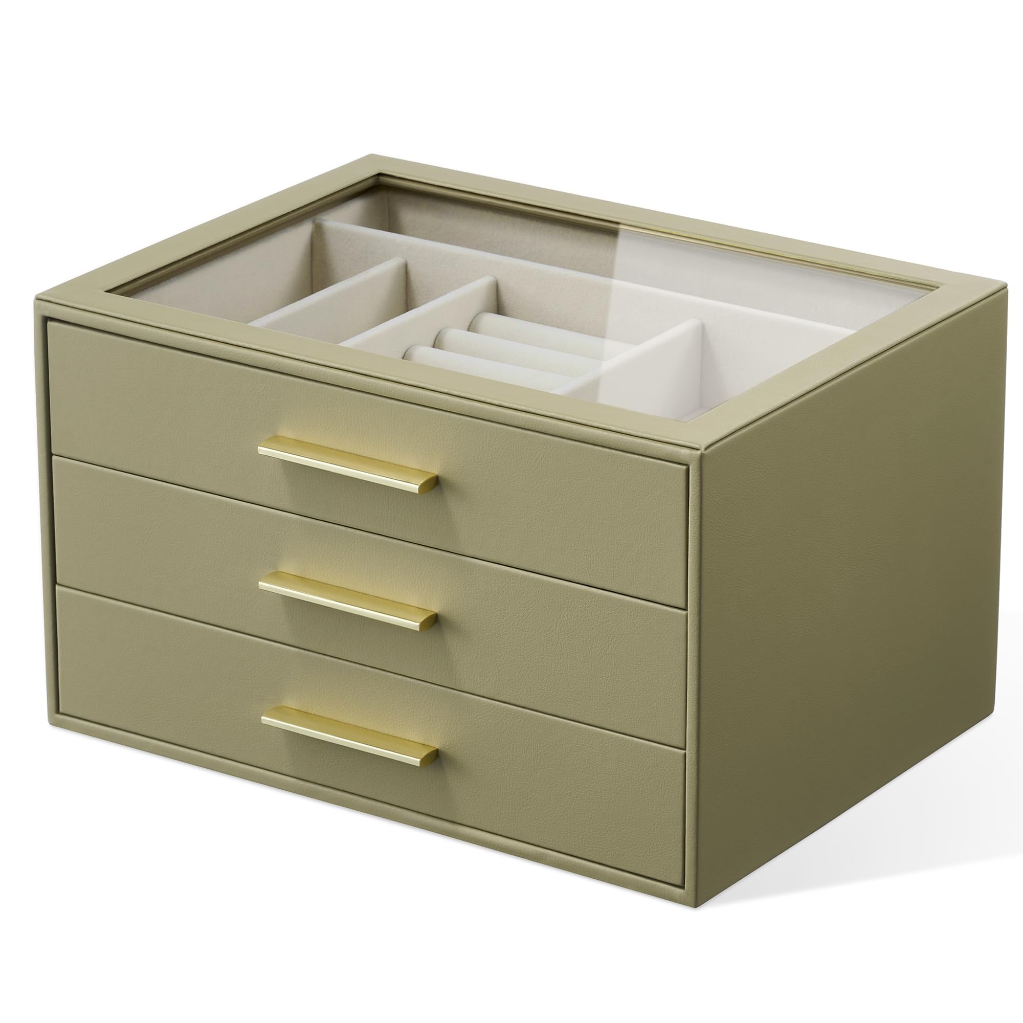 Photo 1 of Jewelry Box Organizer Case for Women: 3-Layer Jewelry Storage Case with Glass Window, Olive Green Leather with Cream Velvet, Holder for Ring Necklace Bracelet Brooch Watch, Great Gift for Her