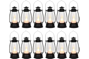 Reperla 12Pcs Mini Lantern with Flickering LED Candle, Black 6" Hanging Candle Lantern, Table Centerpiece, Vintage Lantern Decorative for Western Party Decor, Halloween,Wedding,Christmas Decorations
