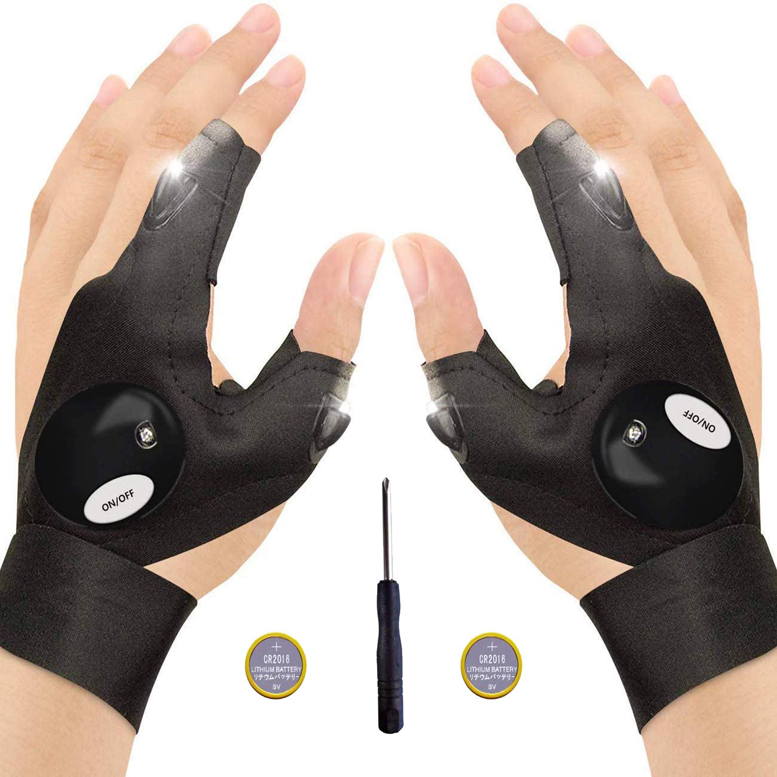 Baogaier Dad Gifts Flashlight Gloves Outdoor LED Light Fingerless Night Fishing Gloves with Screwdriver Tool for Night Running Cycling Hiking Camping Repairing, Gadgets for Men Adults Women