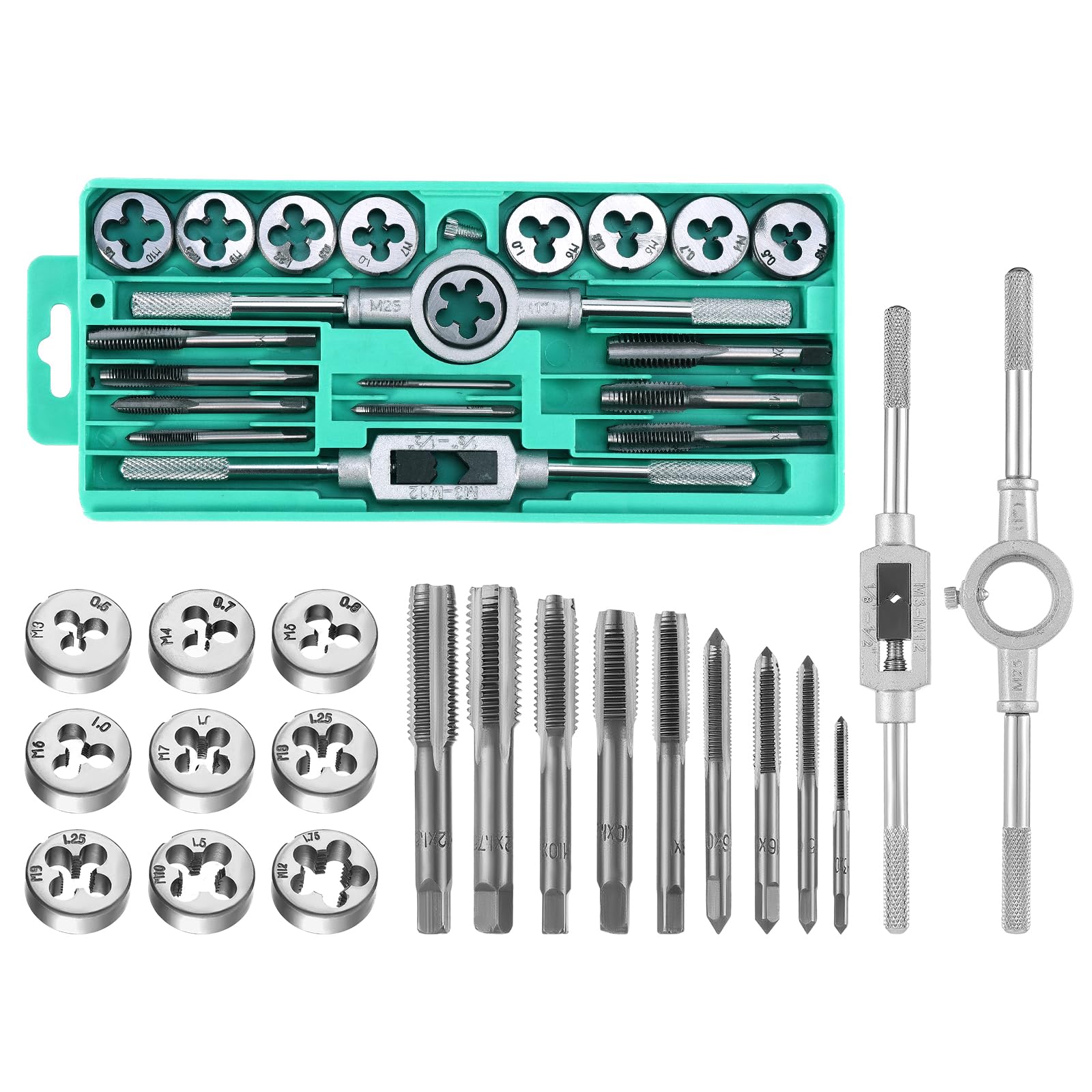 Faankiton Tap and Die Set, M3-M12 Tungsten Alloy Steel Metric Tap and Die Kit, Taper Drill Threading Kit with Tap Wrench, Metric & SAE Die and Tap Set for Internal and External Thread (20PCS Green)