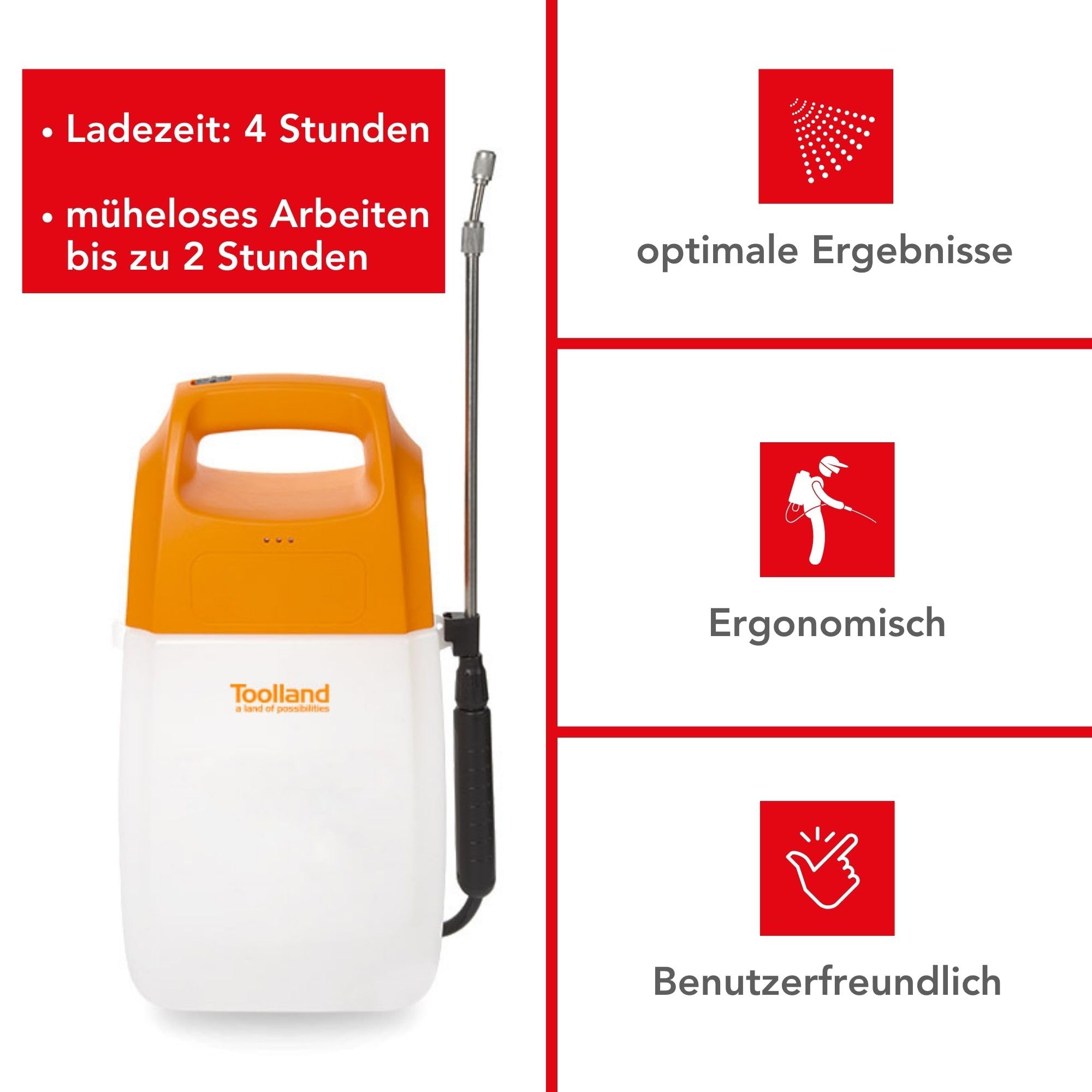 Toolland Elektrischer Drucksprüher 6L mit Lithium-Akku, Teleskoplanze und Verstellbarer Edelstahldüse. Ideal für Pflanzen, Unkrautbekämpfung und Terrassenreinigung 4