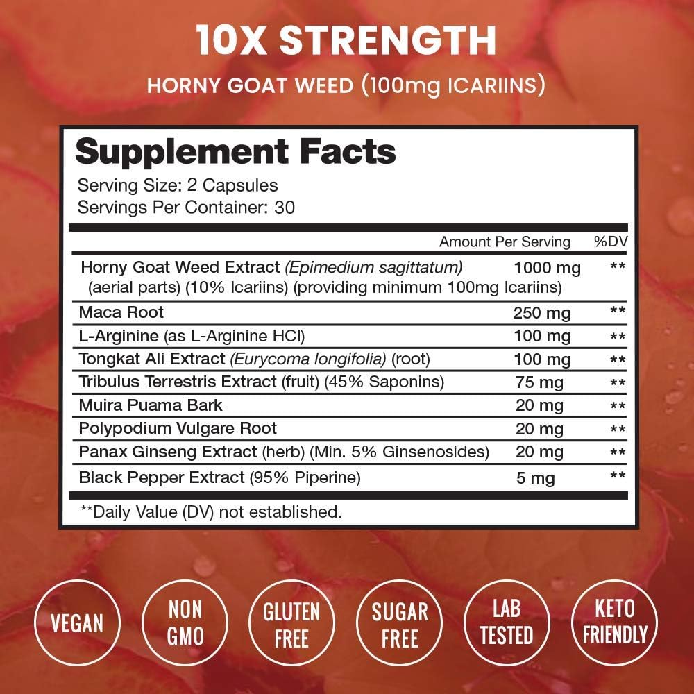 Premium Horny Goat Weed Extract [10X Strength Icariins] with Maca, Tribulus & Ginseng - Energy & Performance Complex for Men & Women - 1000mg Epimedium Powder Pills Supplement, Vegan Capsules: Health & Personal Care