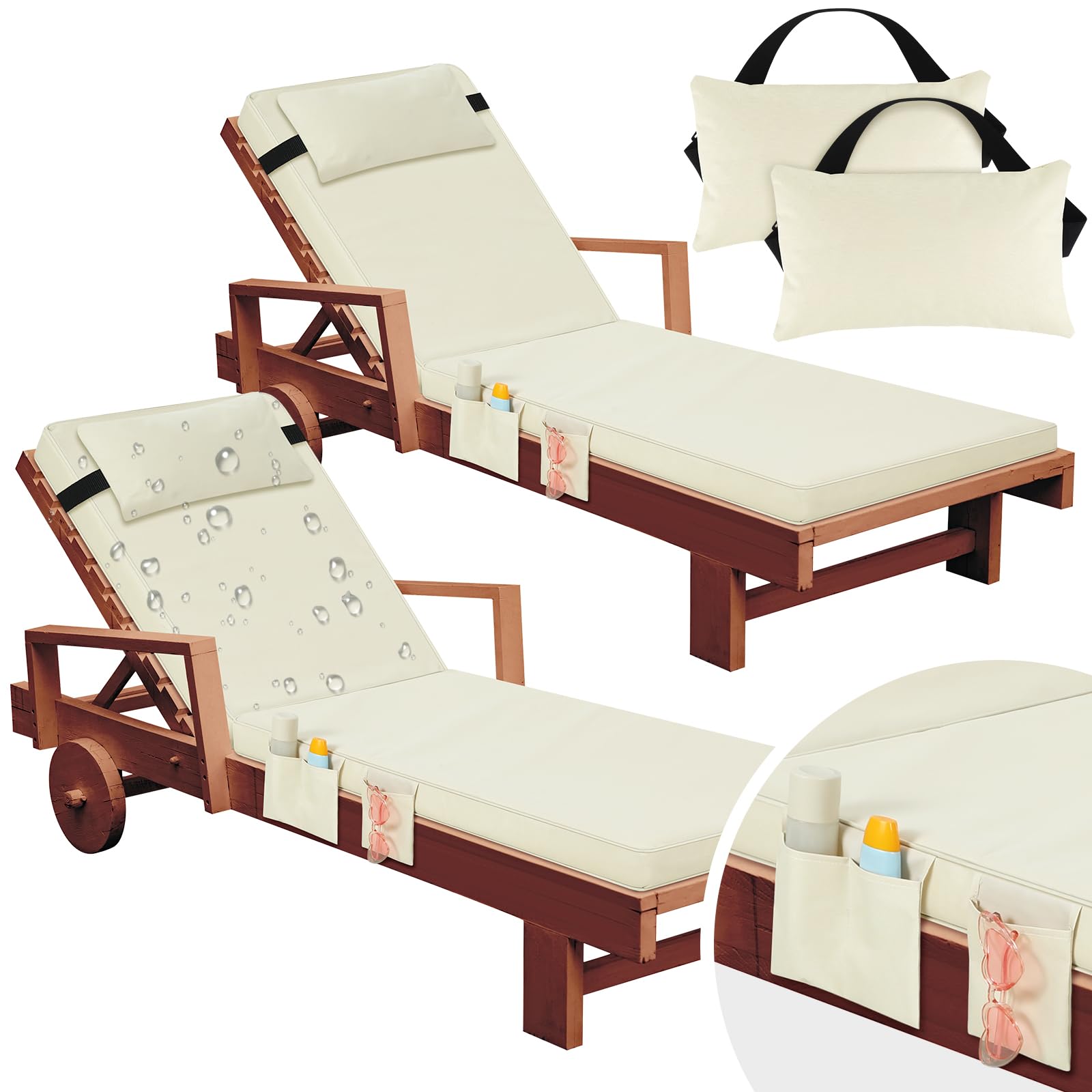 Photo 1 of Tondiamo 2 Set Outdoor Chaise Lounge Cushions with Pillows and Storage, 72 x 21 x 3 Inch Outdoor Lounge Chair Seat Pads Outside Waterproof Chaise Cushion for Lawn Patio Furniture(Beige)