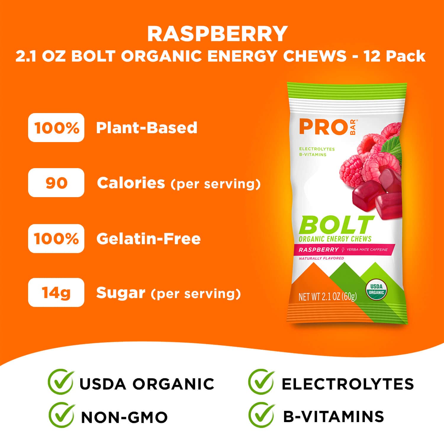 PROBAR - BOLT Organic Energy Chews, Raspberry, Non-GMO, Gluten-Free, USDA Certified Organic, Healthy, Natural Energy, Fast Fuel Gummies with Vitamins B & C (12 Count)