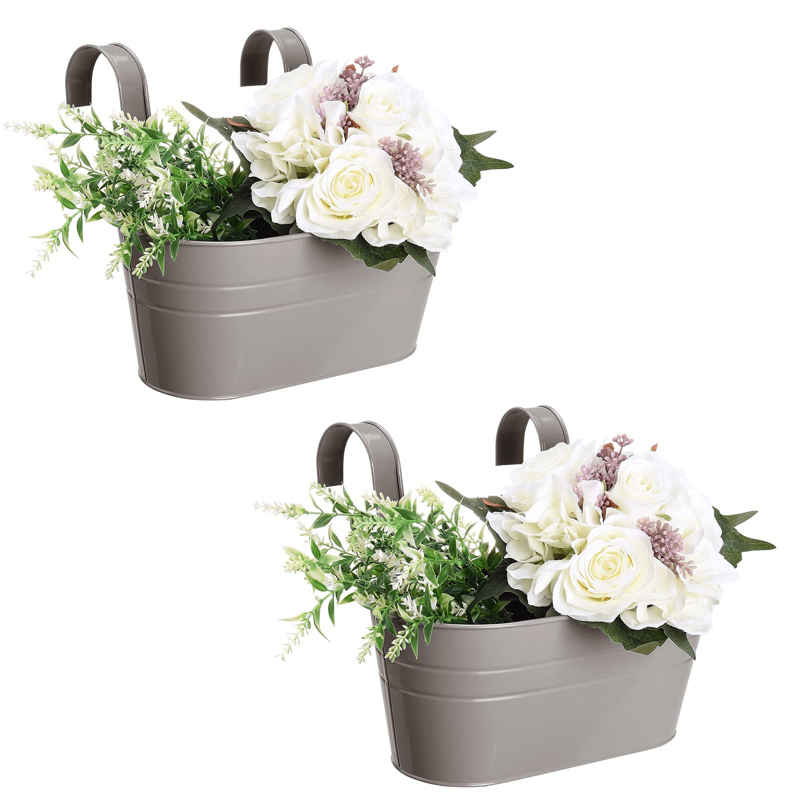 Pumpumly 2Pcs Metal Hanging Flower Pots - Railing Planter Balcony Planters for Railing,Over Fence Planters with Double Detachable Hooks Wall Hanging Planter for Garden Home Decoration