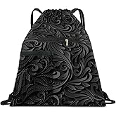 AYBELWG Drawstring Backpack Sports Gym Bag, Large String Swim Bag for Beach With Water Bottle Mesh Pocket, Cute Gym Sack with Zipper Pocket for Men Women Cute Black Floral