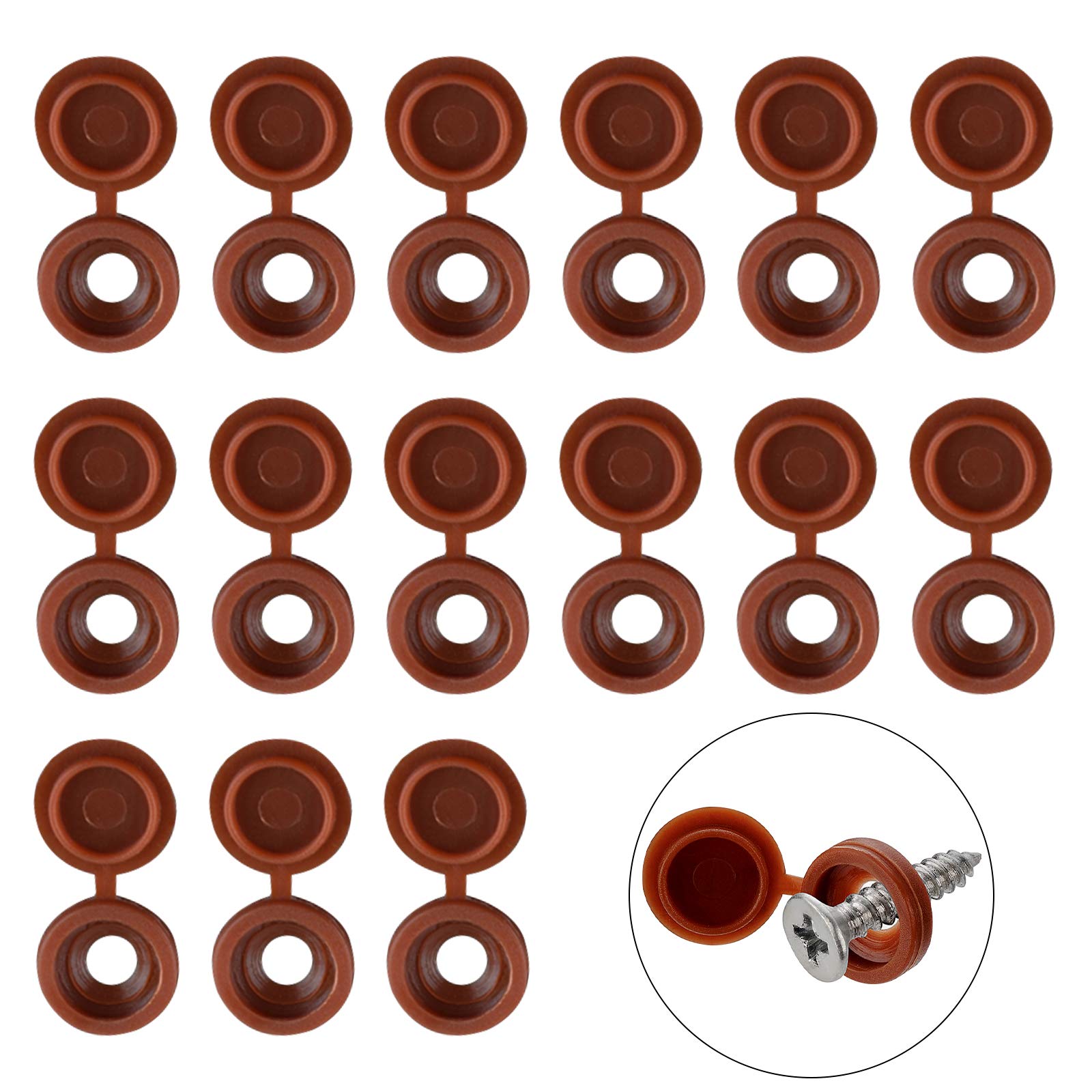 INCREWAY Screw Cover Caps, 100 Pcs Plastic Screw Caps Fold Washer Flip Tops Hinged Screw Decorative Cover with Organized Box (Brown)