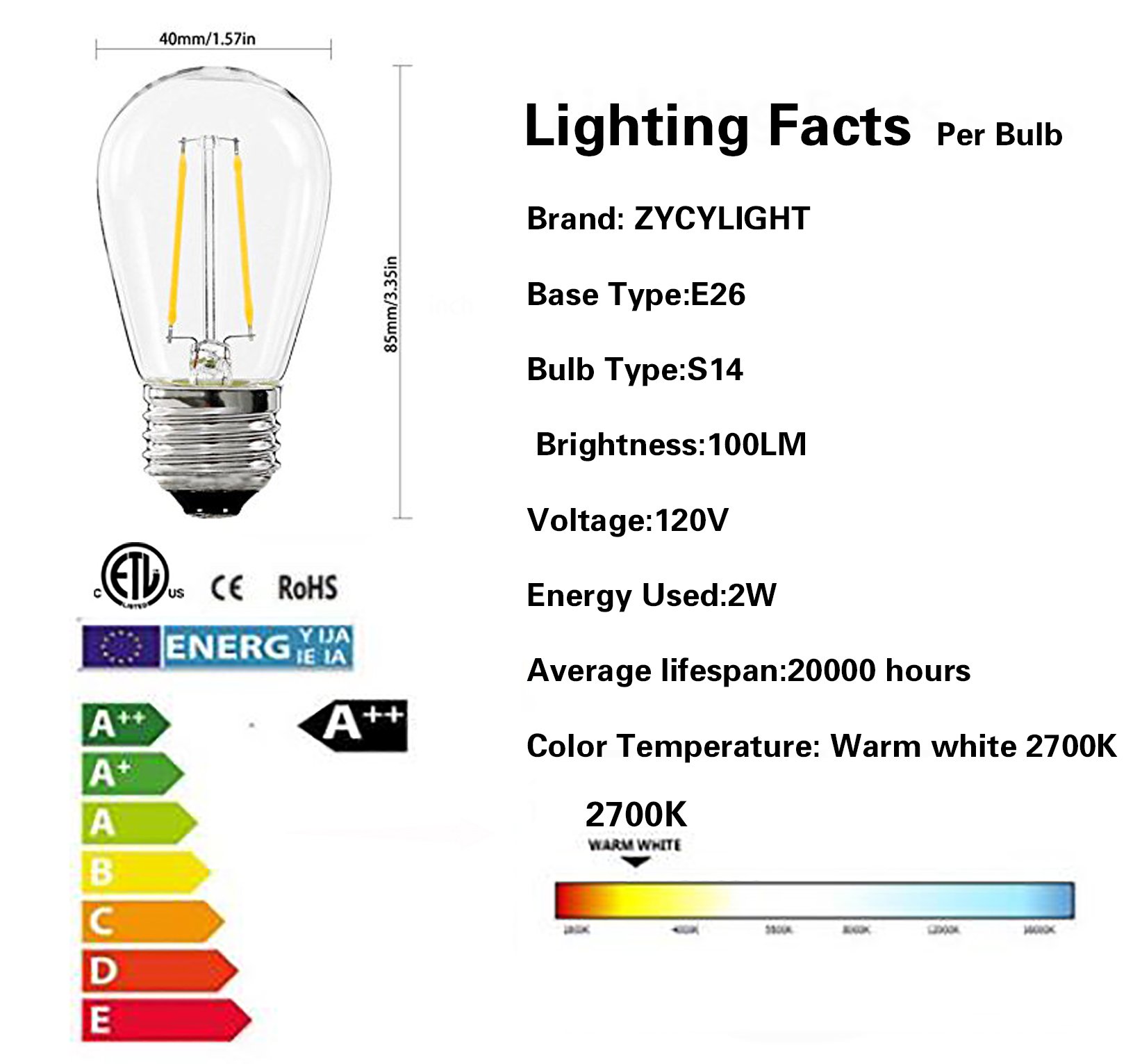 S14 LED Filament Bulbs 2W, Vintage Edison Led Light Bulbs,20Watt
